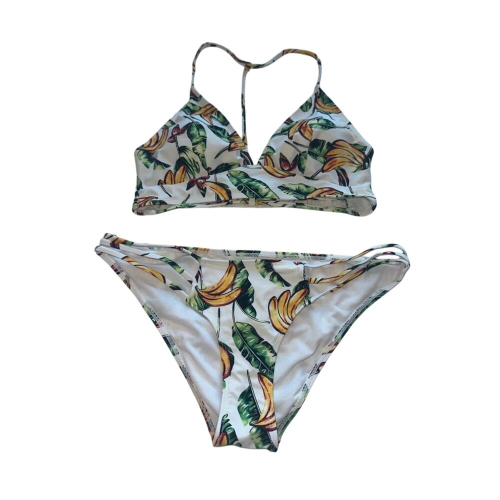 Tropical Banana Print Bikini - White & Yellow Women’s Swim Set
